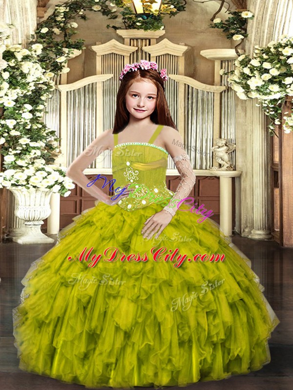 Excellent Ruffles Little Girls Pageant Gowns Olive Green Lace Up Sleeveless Floor Length