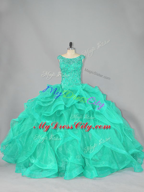 Floor Length Lace Up Vestidos de Quinceanera Turquoise for Sweet 16 and Quinceanera with Beading and Ruffles