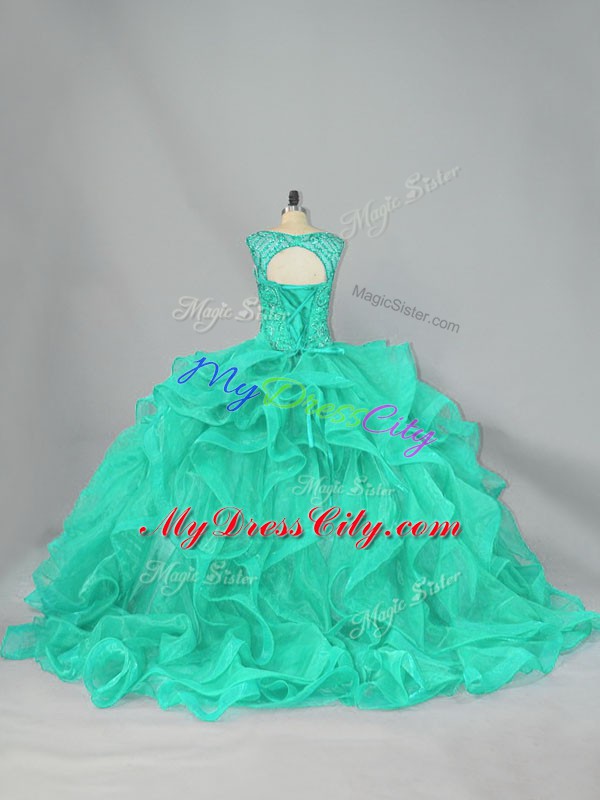 Floor Length Lace Up Vestidos de Quinceanera Turquoise for Sweet 16 and Quinceanera with Beading and Ruffles