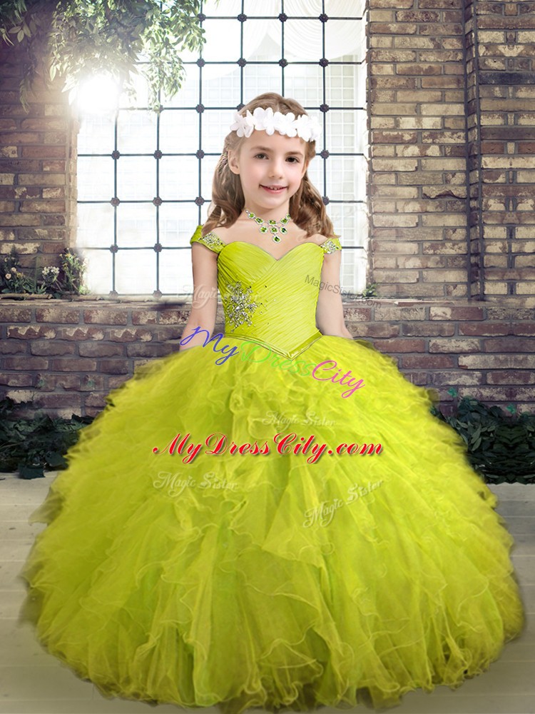 Cute Yellow Green Sleeveless Beading and Ruffles Floor Length Pageant Dress Womens