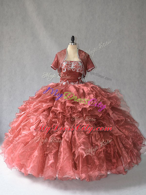 Custom Made Red Ball Gowns Strapless Sleeveless Beading and Ruffles Floor Length Lace Up Sweet 16 Dress