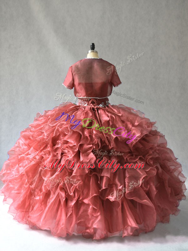 Custom Made Red Ball Gowns Strapless Sleeveless Beading and Ruffles Floor Length Lace Up Sweet 16 Dress