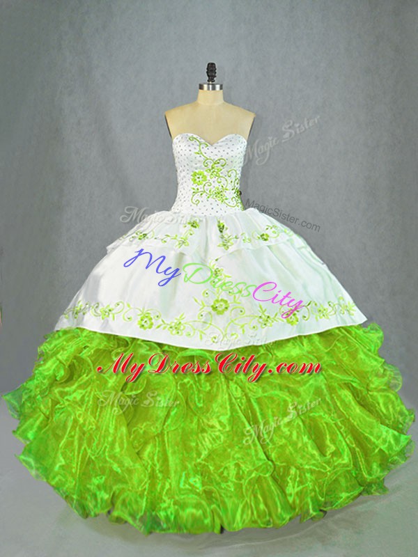 Captivating Sleeveless Satin and Organza Brush Train Lace Up Quinceanera Gown in Green with Beading and Embroidery