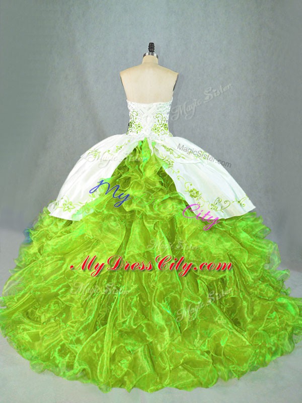 Captivating Sleeveless Satin and Organza Brush Train Lace Up Quinceanera Gown in Green with Beading and Embroidery