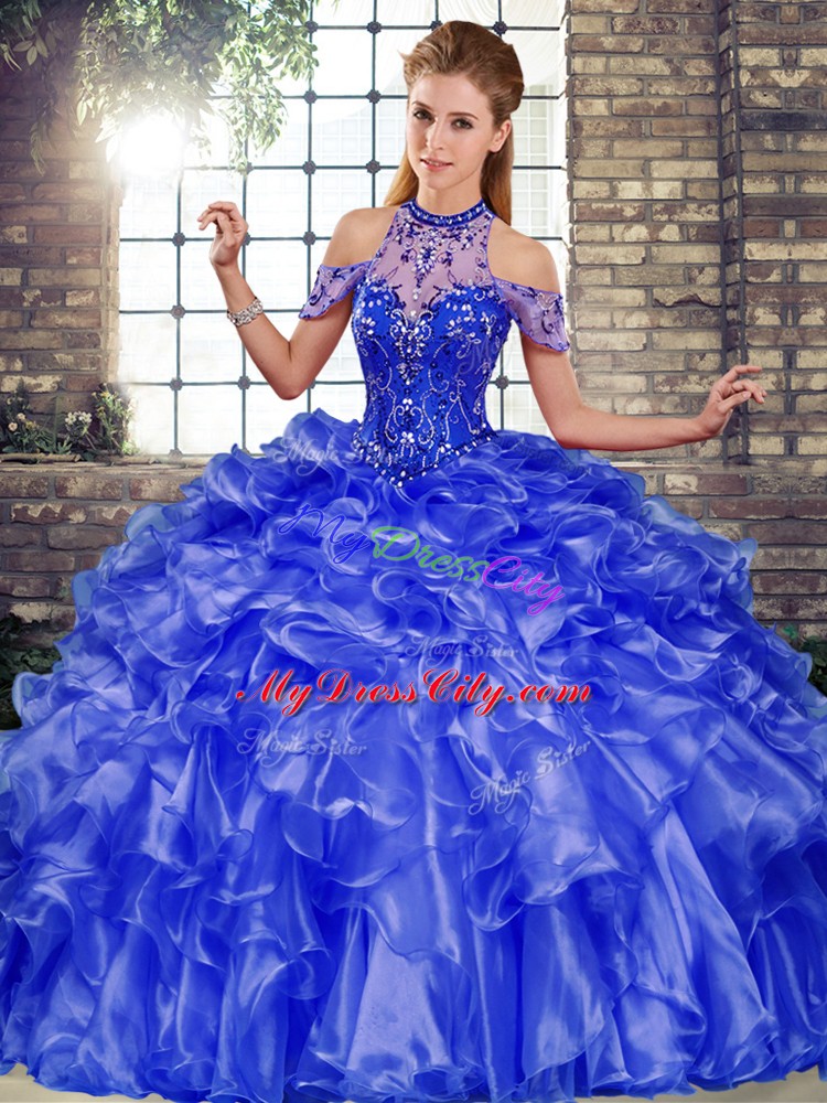 Delicate Blue Quinceanera Dresses Military Ball and Sweet 16 and Quinceanera with Beading and Ruffles Halter Top Sleeveless Lace Up