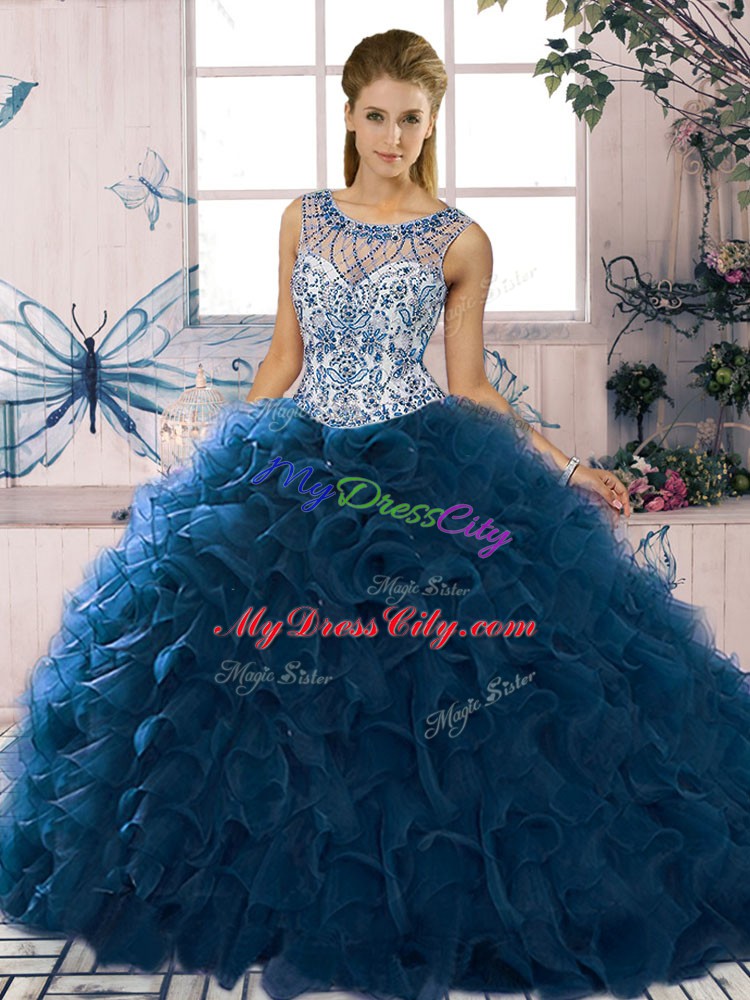 On Sale Navy Blue Organza Lace Up Scoop Sleeveless Floor Length Quince Ball Gowns Beading and Ruffles