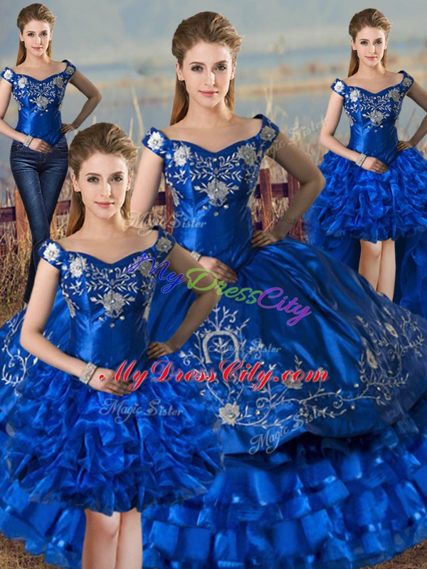 Royal Blue Ball Gowns Satin and Organza Off The Shoulder Sleeveless Embroidery and Ruffled Layers Floor Length Lace Up Quince Ball Gowns