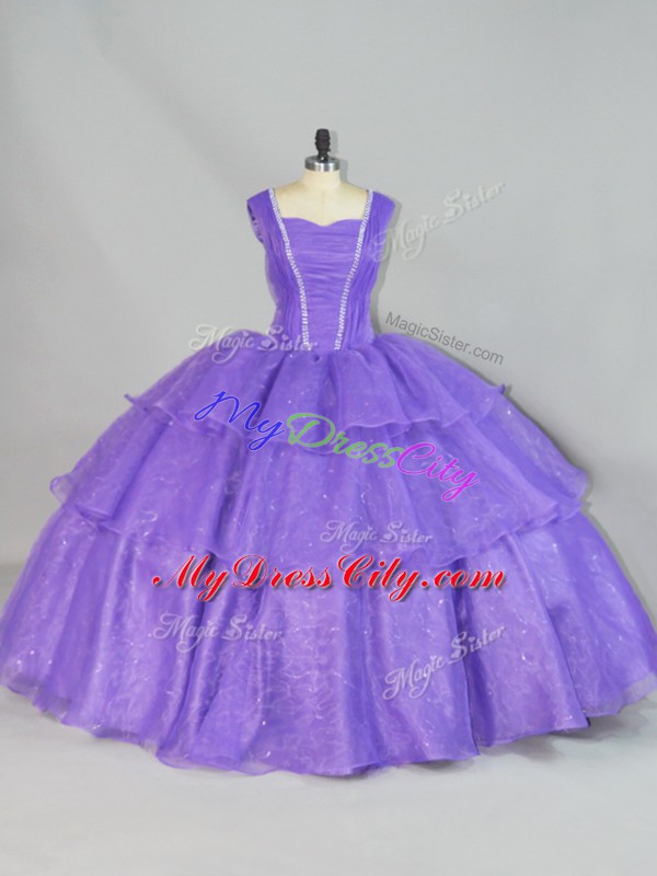 Floor Length Lavender Quinceanera Dresses Organza Sleeveless Beading and Ruffled Layers