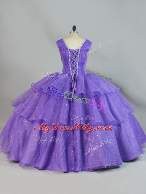 Floor Length Lavender Quinceanera Dresses Organza Sleeveless Beading and Ruffled Layers