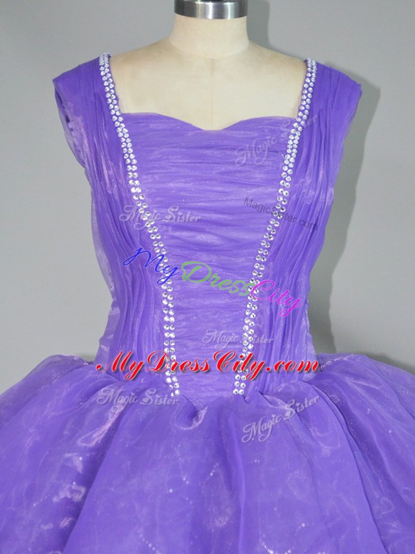 Floor Length Lavender Quinceanera Dresses Organza Sleeveless Beading and Ruffled Layers