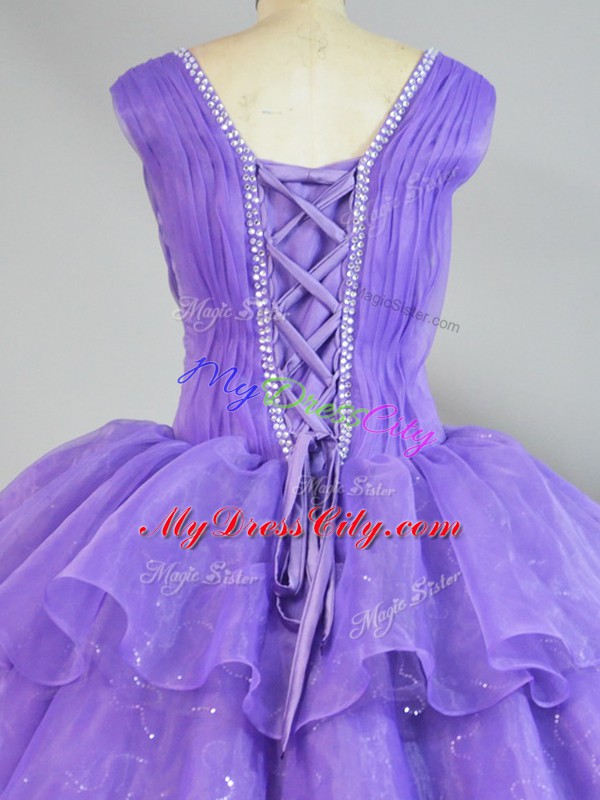 Floor Length Lavender Quinceanera Dresses Organza Sleeveless Beading and Ruffled Layers