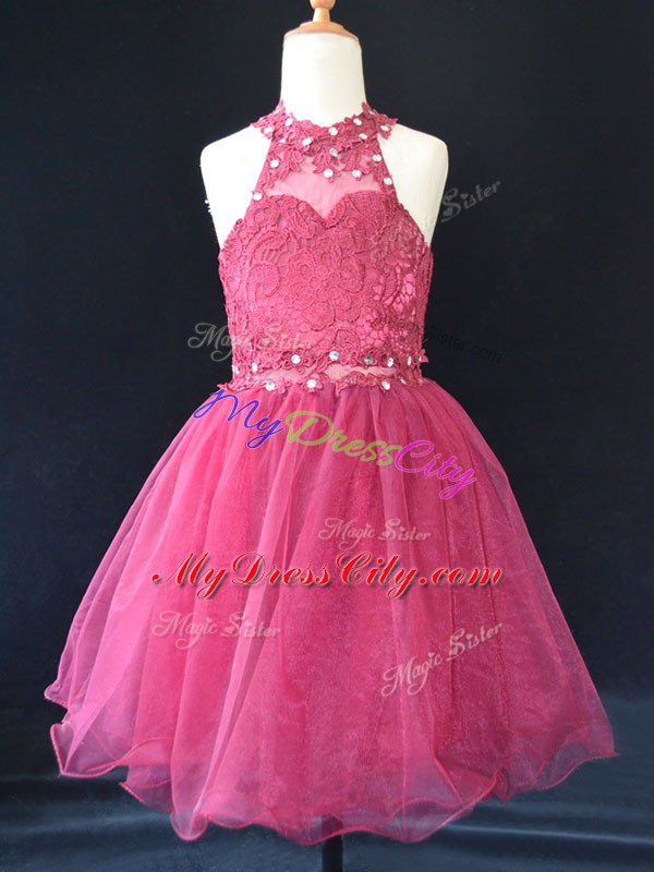 Hot Pink Sleeveless Organza Lace Up Pageant Gowns For Girls for Wedding Party