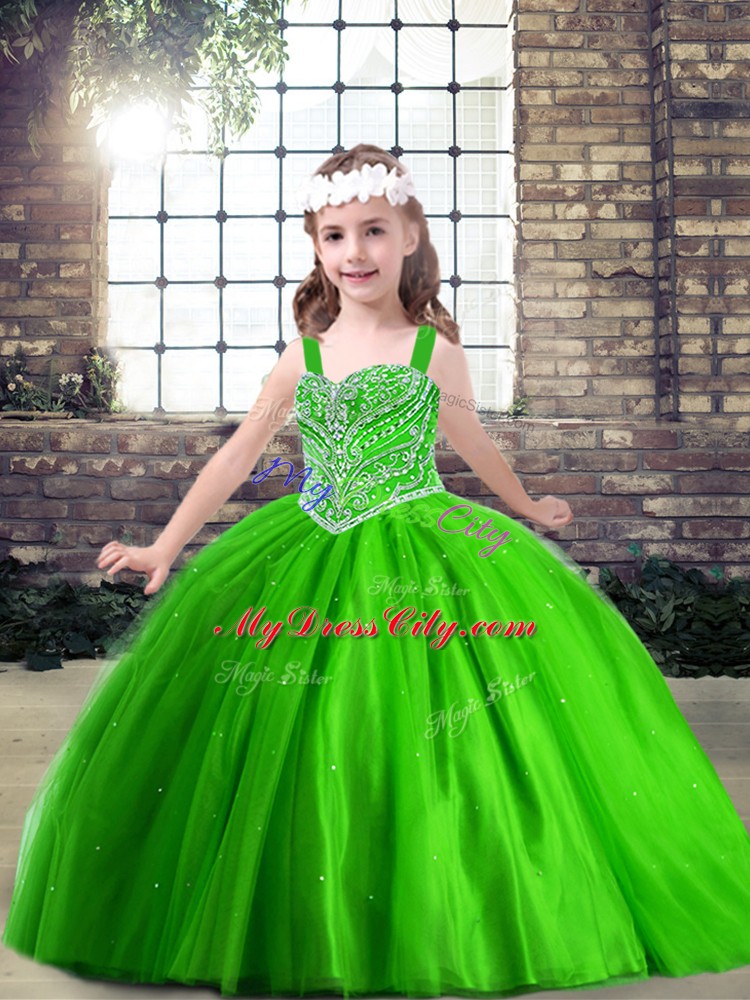 Hot Selling Ball Gowns Tulle Straps Sleeveless Beading Floor Length Lace Up Little Girls Pageant Dress Wholesale