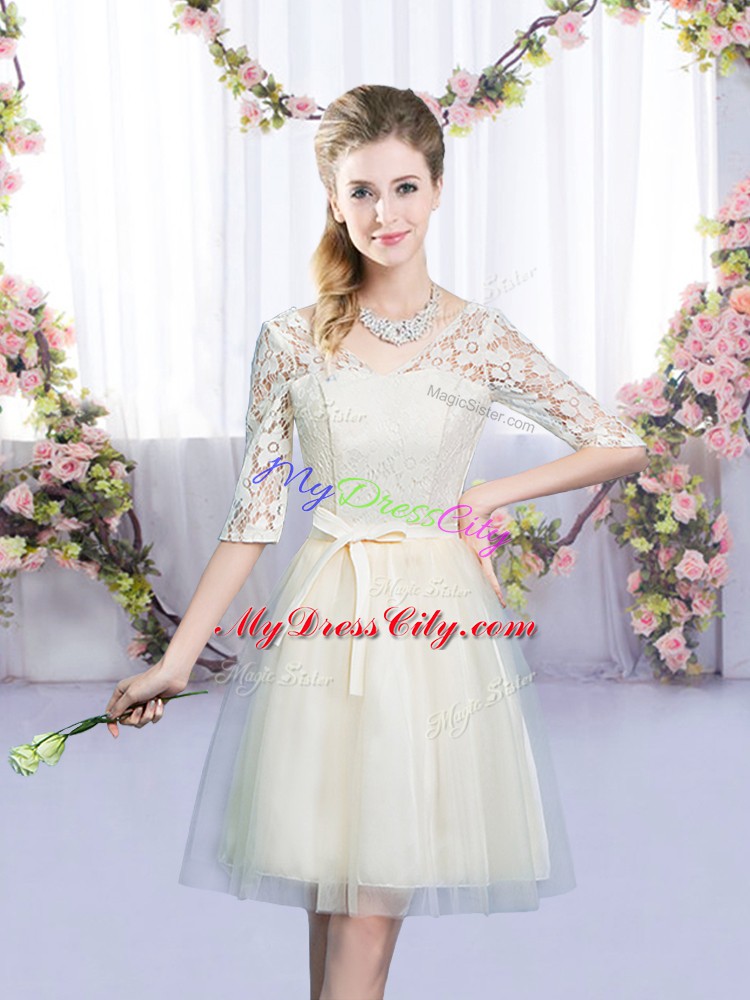 Mini Length Champagne Bridesmaid Gown Tulle Half Sleeves Lace and Bowknot