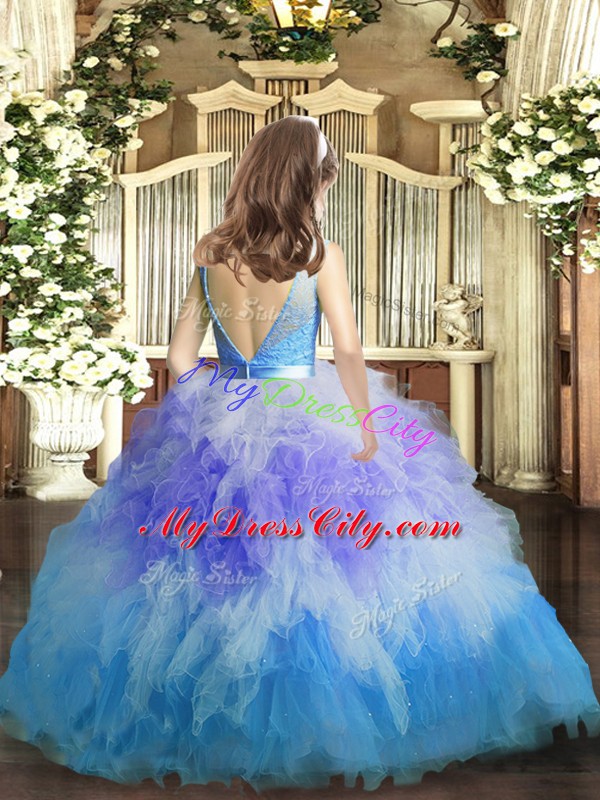 Multi-color Tulle Backless Little Girl Pageant Dress Sleeveless Floor Length Ruffles