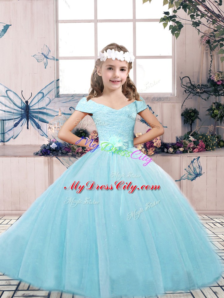 Off The Shoulder Sleeveless Tulle Little Girls Pageant Gowns Lace and Belt Lace Up