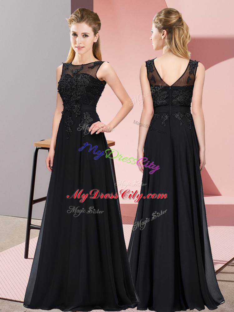 Chiffon Scoop Sleeveless Zipper Beading and Appliques Wedding Guest Dresses in Black