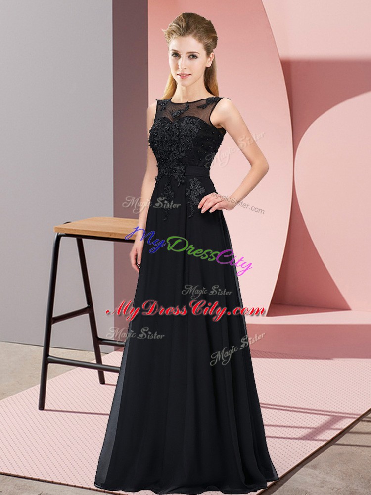 Chiffon Scoop Sleeveless Zipper Beading and Appliques Wedding Guest Dresses in Black