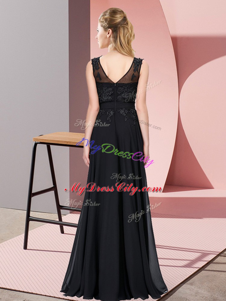 Chiffon Scoop Sleeveless Zipper Beading and Appliques Wedding Guest Dresses in Black