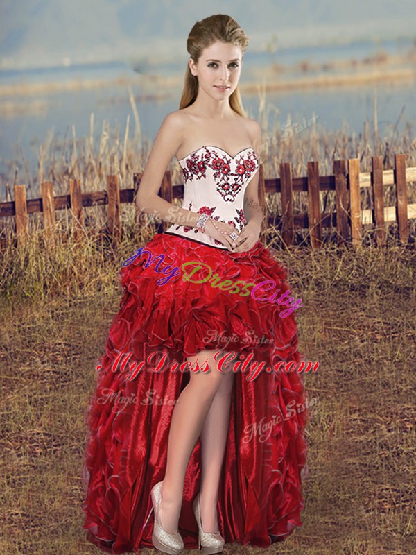 Red Sleeveless High Low Embroidery and Ruffles Lace Up Prom Dresses