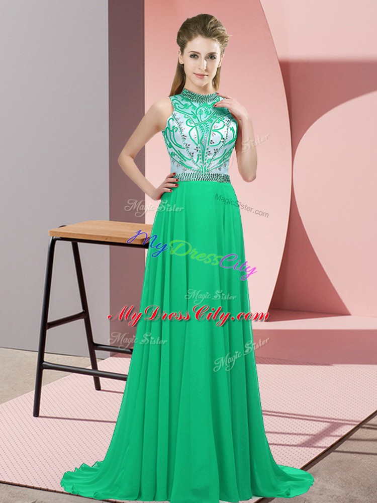 Hot Selling Turquoise Prom Party Dress Prom and Party with Beading Halter Top Sleeveless Brush Train Backless