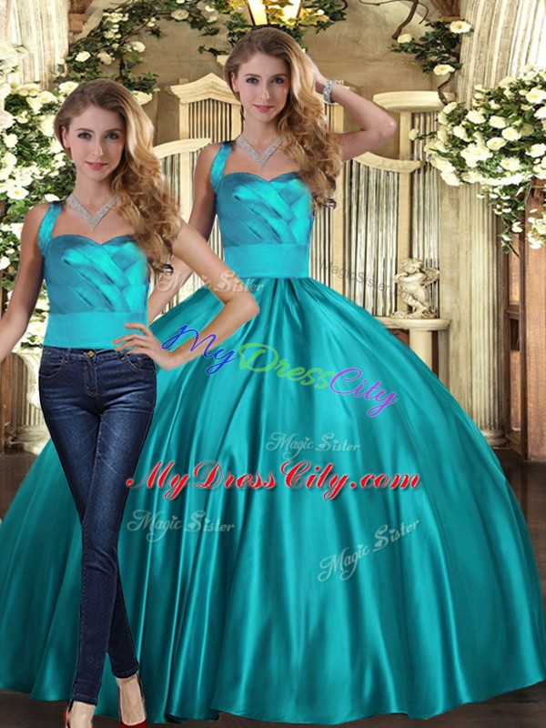 Custom Fit Ruching Quinceanera Dress Teal Lace Up Sleeveless Floor Length