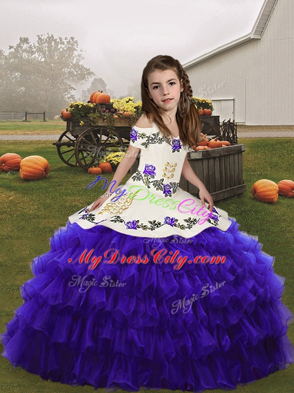 Trendy Straps Sleeveless Organza Pageant Gowns For Girls Embroidery and Ruffled Layers Lace Up