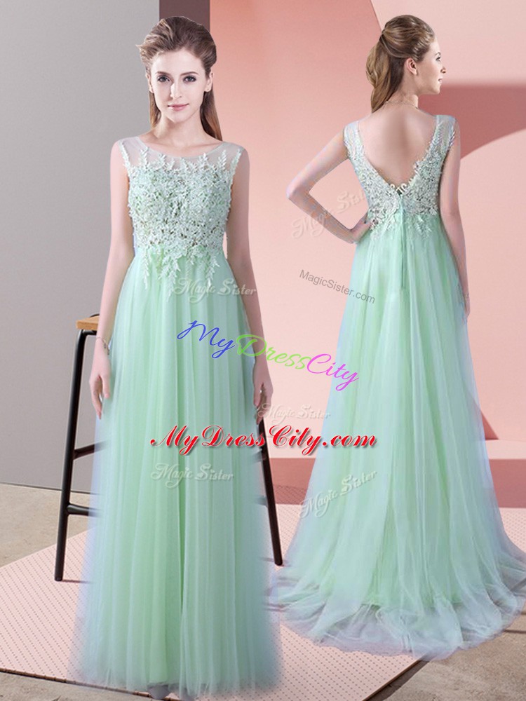 Best Apple Green Tulle Zipper Scoop Sleeveless Quinceanera Court Dresses Brush Train Beading and Lace