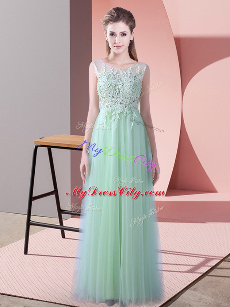 Best Apple Green Tulle Zipper Scoop Sleeveless Quinceanera Court Dresses Brush Train Beading and Lace