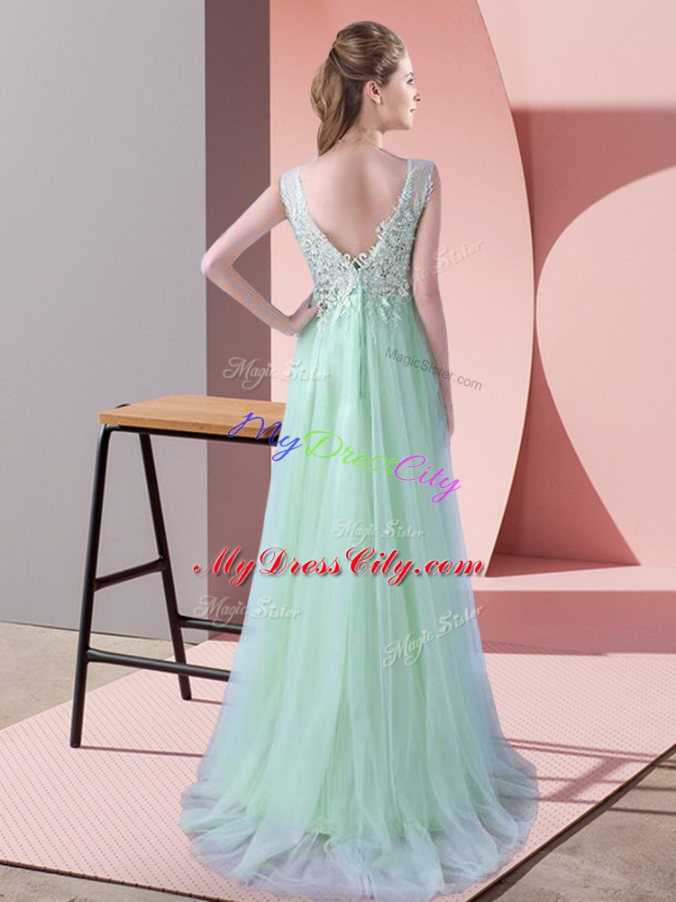 Best Apple Green Tulle Zipper Scoop Sleeveless Quinceanera Court Dresses Brush Train Beading and Lace