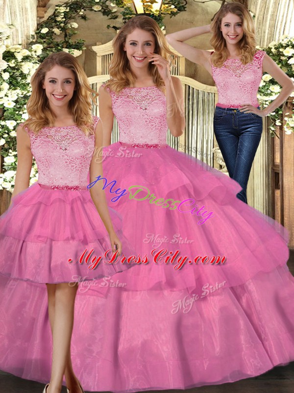 Hot Pink Three Pieces Tulle Scoop Sleeveless Lace Floor Length Zipper Quinceanera Gowns