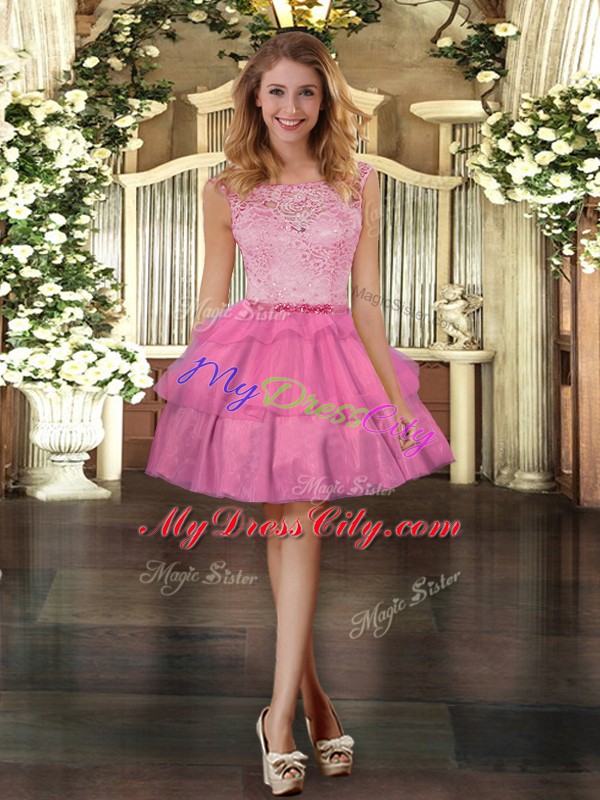 Hot Pink Three Pieces Tulle Scoop Sleeveless Lace Floor Length Zipper Quinceanera Gowns