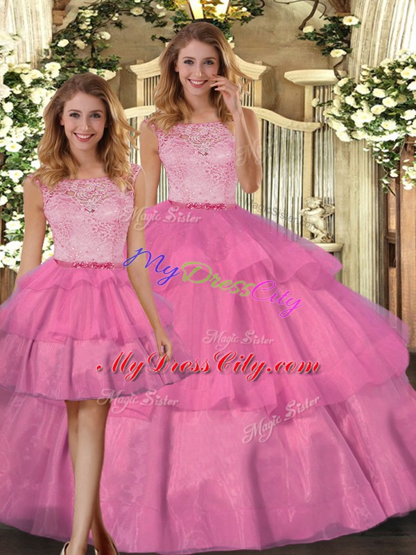 Hot Pink Three Pieces Tulle Scoop Sleeveless Lace Floor Length Zipper Quinceanera Gowns