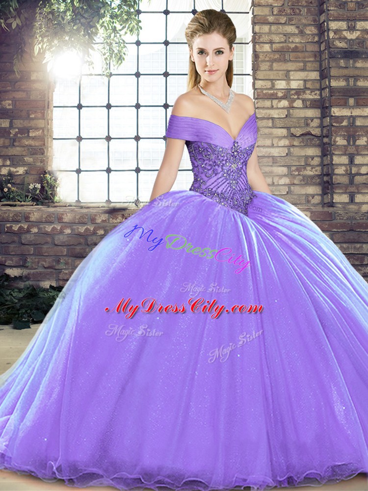 Cute Lavender Quinceanera Dress Organza Brush Train Sleeveless Beading