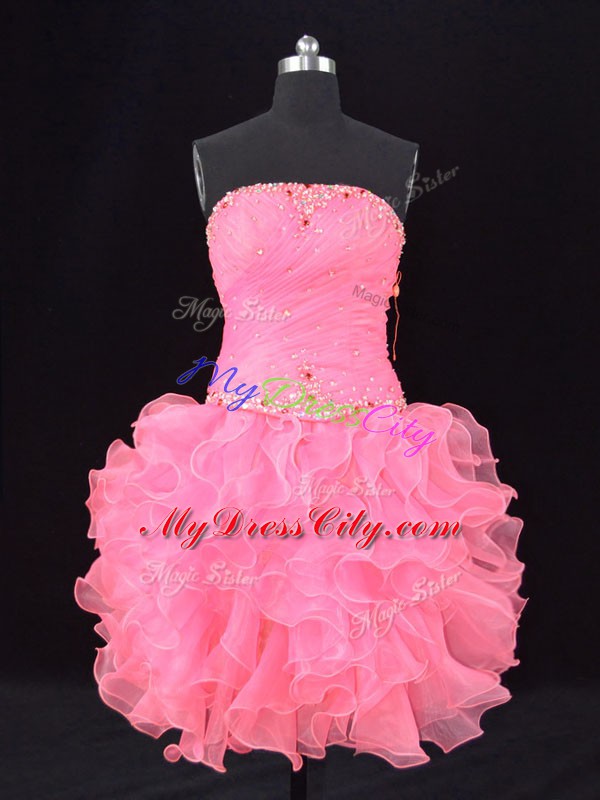 Chic Sleeveless Organza Lace Up Celeb Inspired Gowns in Rose Pink with Beading and Ruching