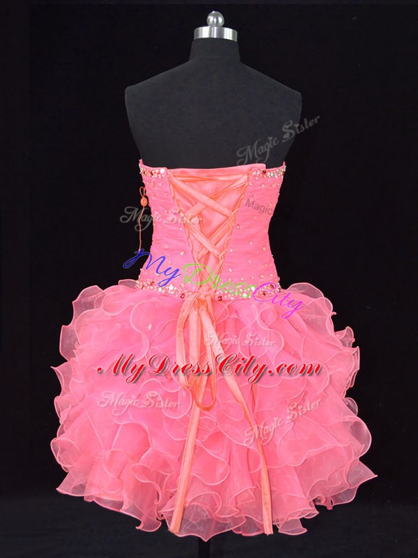 Chic Sleeveless Organza Lace Up Celeb Inspired Gowns in Rose Pink with Beading and Ruching