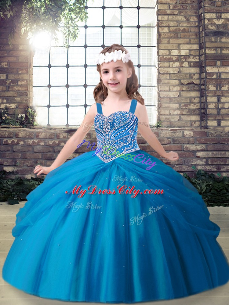 Customized Straps Sleeveless Tulle Little Girl Pageant Dress Beading Lace Up