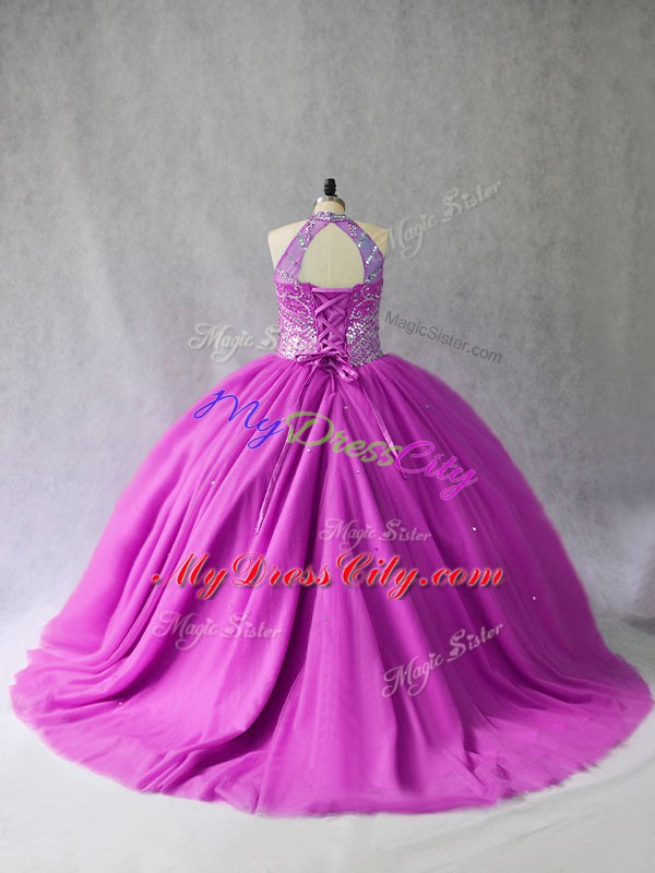 Lilac Tulle Lace Up Sweet 16 Dress Sleeveless Brush Train Beading