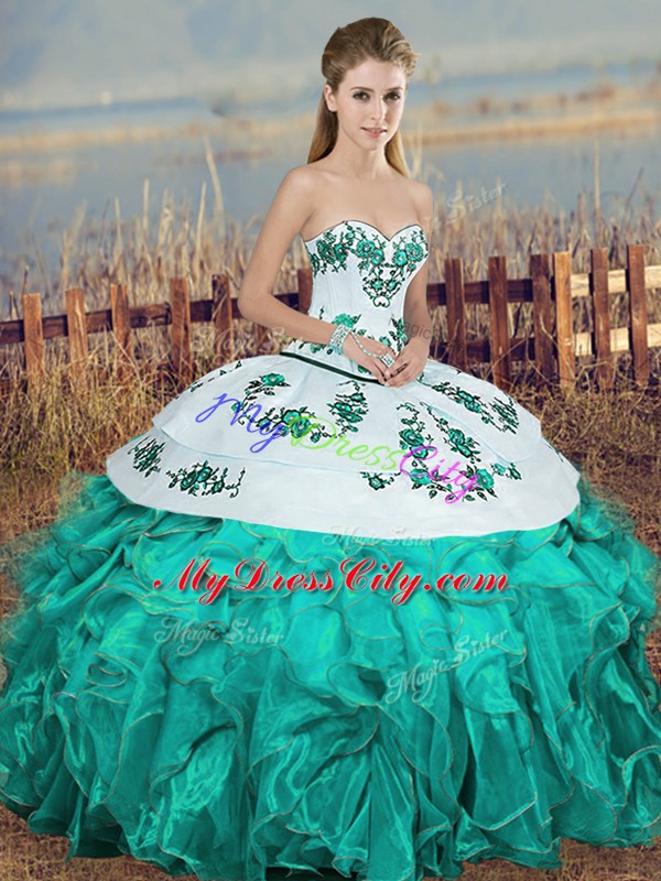 Elegant Sweetheart Sleeveless Organza Sweet 16 Quinceanera Dress Embroidery and Ruffles and Bowknot Lace Up