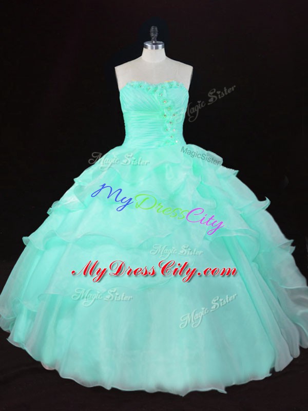 Custom Designed Organza Sweetheart Sleeveless Lace Up Ruffles and Hand Made Flower Quinceanera Dress in Apple Green