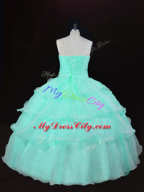 Custom Designed Organza Sweetheart Sleeveless Lace Up Ruffles and Hand Made Flower Quinceanera Dress in Apple Green