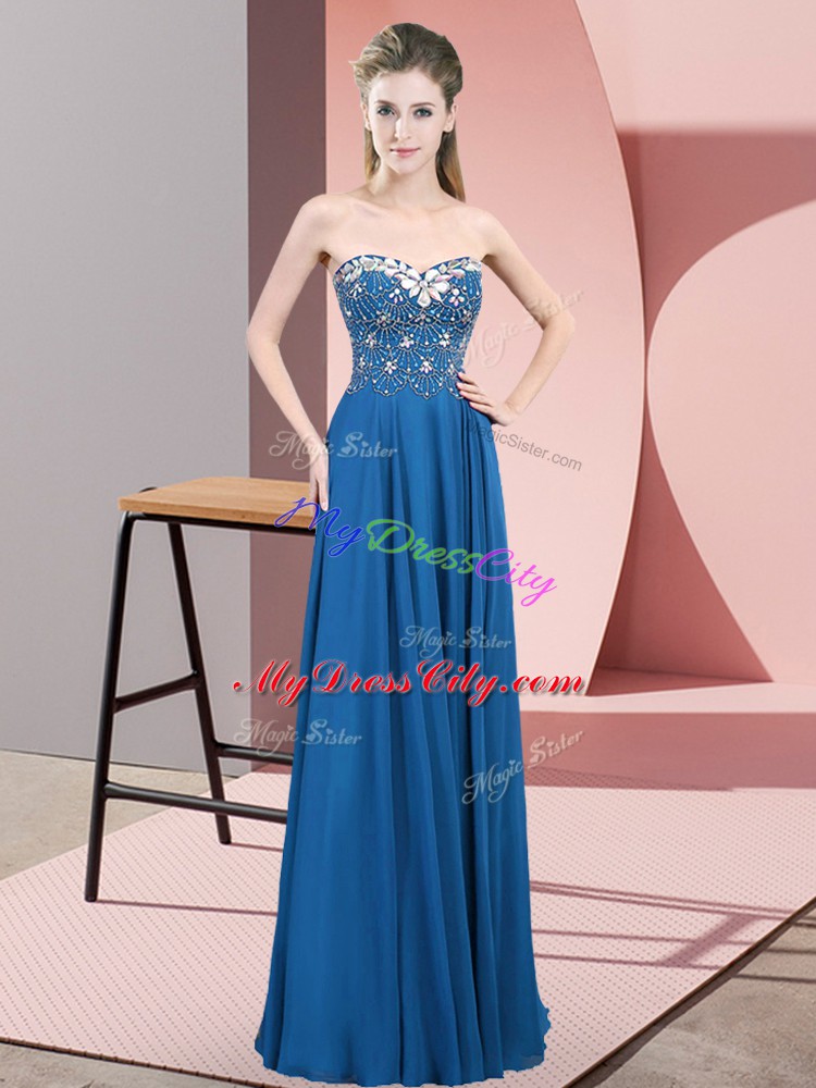 Glorious Floor Length Zipper Junior Homecoming Dress Blue for Prom and Party with Beading