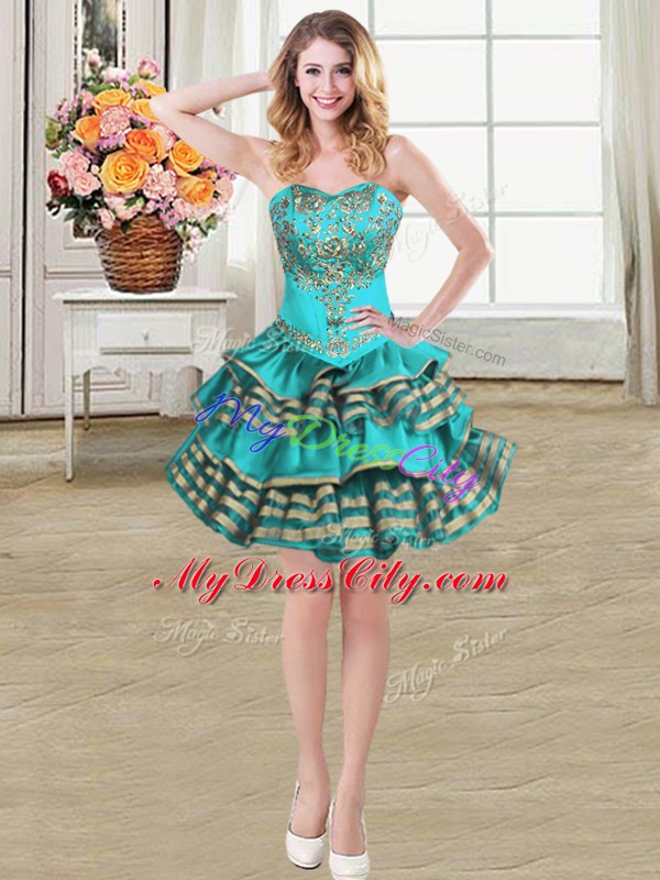 Teal Lace Up Evening Dress Embroidery and Ruffled Layers Sleeveless Mini Length