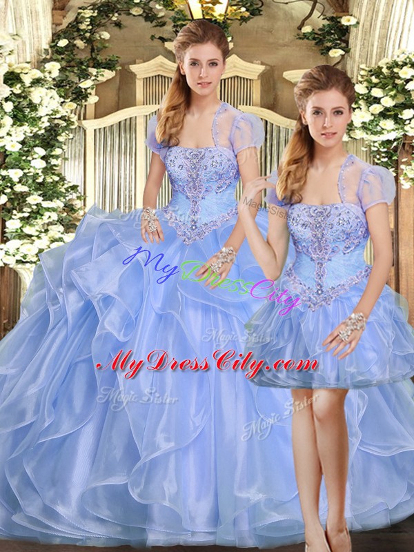 Lavender Lace Up 15 Quinceanera Dress Beading and Ruffles Sleeveless Floor Length