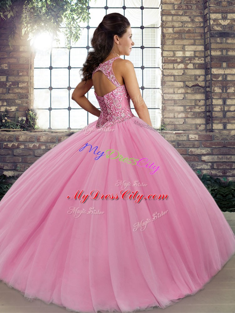 High Quality Pink Tulle Lace Up Vestidos de Quinceanera Sleeveless Floor Length Embroidery