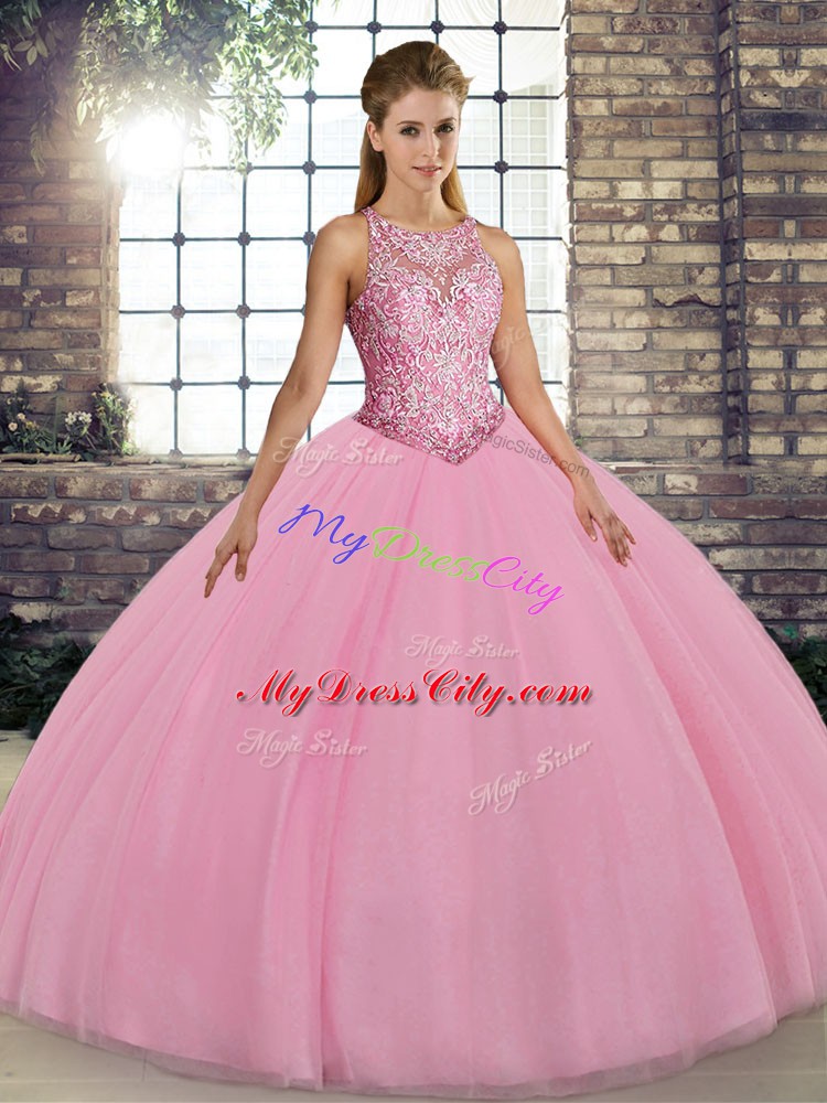 High Quality Pink Tulle Lace Up Vestidos de Quinceanera Sleeveless Floor Length Embroidery