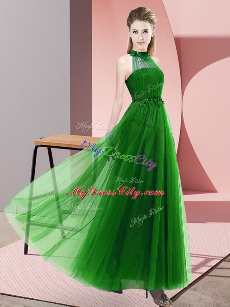 Adorable Green Empire Halter Top Sleeveless Tulle Floor Length Lace Up Beading and Appliques Dama Dress