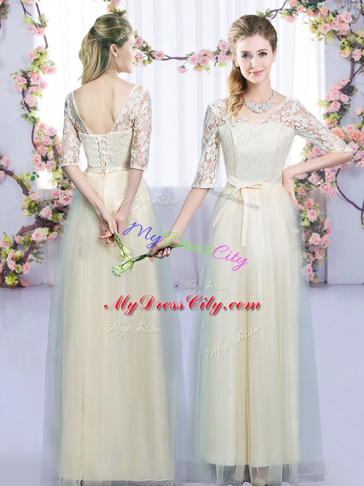 Artistic Floor Length Champagne Bridesmaid Dresses V-neck Half Sleeves Lace Up