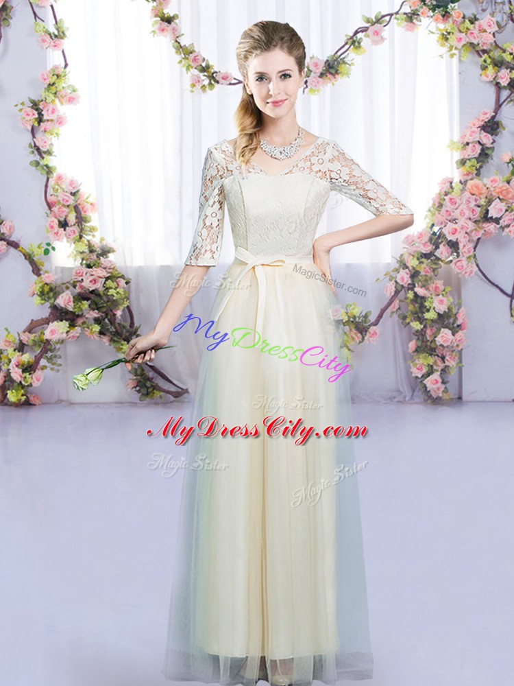 Artistic Floor Length Champagne Bridesmaid Dresses V-neck Half Sleeves Lace Up