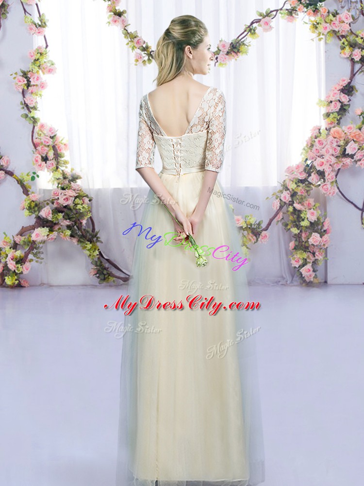 Artistic Floor Length Champagne Bridesmaid Dresses V-neck Half Sleeves Lace Up